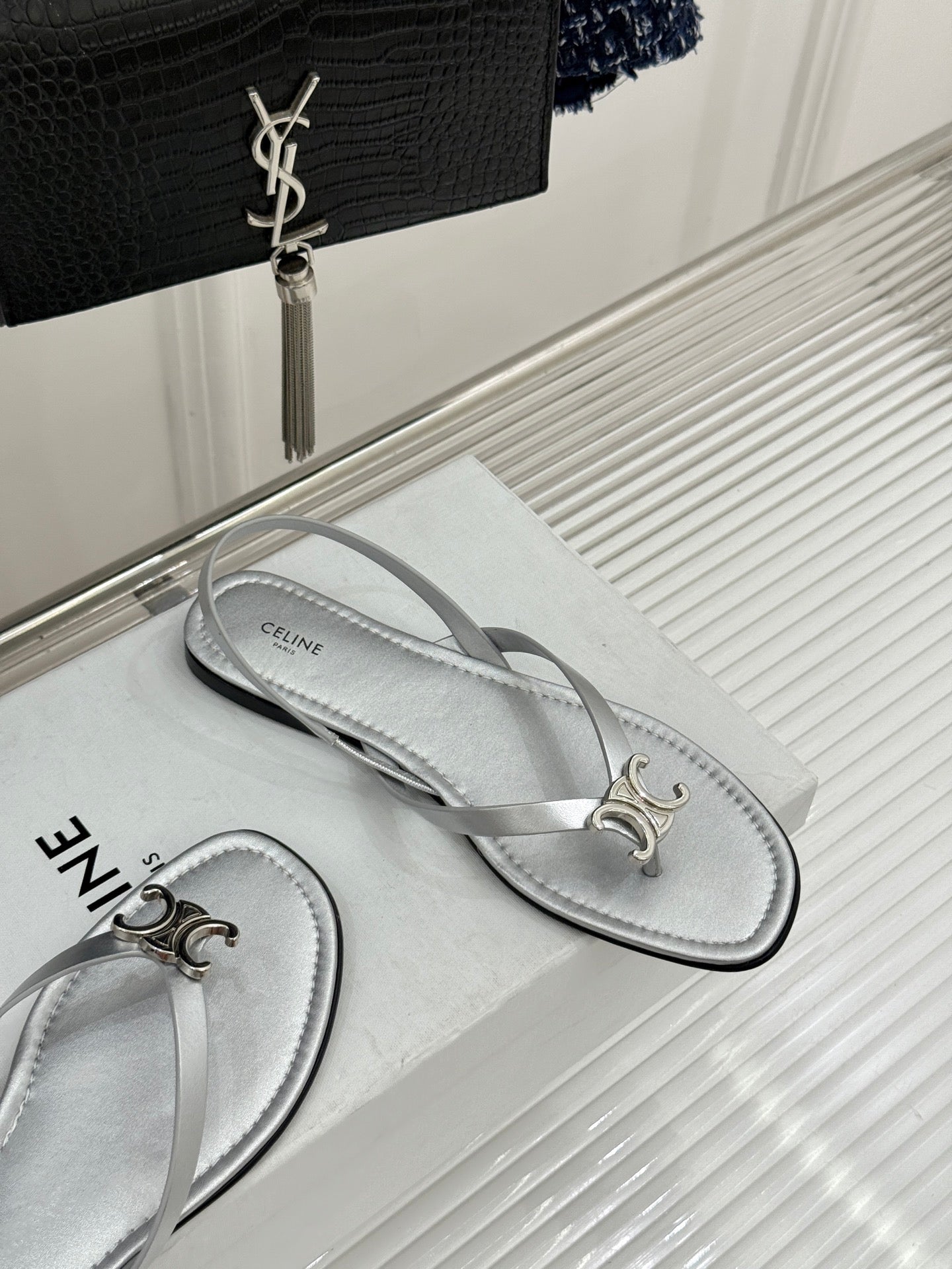 CELINE 26S THONG SANDALS IN SILVER CALFSKIN