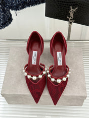 JIMMY CHOO 26S HIGH HEELS 65 MM IN DARK RED LACE PEARL-EMBELLISHED