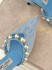 JIMMY CHOO 26S HIGH HEELS 85 MM IN SKY BLUE LACE PEARL-EMBELLISHED
