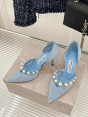 JIMMY CHOO 26S HIGH HEELS 85 MM IN SKY BLUE LACE PEARL-EMBELLISHED