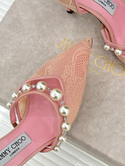 JIMMY CHOO 26S HIGH HEELS 65 MM IN LIGHT PINK LACE PEARL-EMBELLISHED