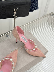 JIMMY CHOO 26S HIGH HEELS 65 MM IN LIGHT PINK LACE PEARL-EMBELLISHED