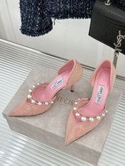 JIMMY CHOO 26S HIGH HEELS 65 MM IN LIGHT PINK LACE PEARL-EMBELLISHED
