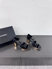 BLOCK HEEL SANDALS BLACK SHEEPSKIN