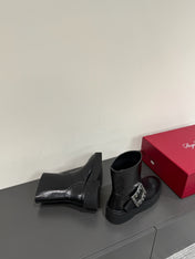 VIV' RANGERS CHELSEA ANKLE BOOTS IN BLACK CALFSKIN WITH BLACK CRYSTAL BUCKLE
