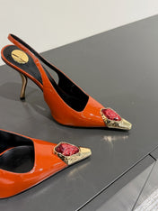 RED GEM-STUDDED SLINGBACK PUMPS IN ORANGE PATENT CALFSKIN