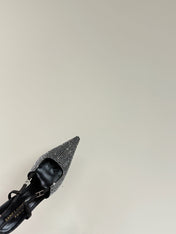 HIGH SLINGBACKS POINTED-TOE IN BLACK LAMBSKIN WITH SILVER CRYSTALS