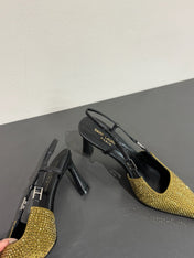 HIGH SLINGBACKS POINTED-TOE IN METALLIC GOLD LAMBSKIN WITH CRYSTALS