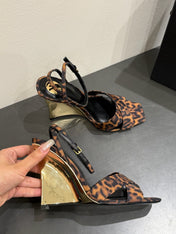 YSL STRAPPY WEDGE SANDALS 25S IN LEOPARD PRINT FABRIC
