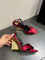 YSL STRAPPY WEDGE SANDALS 25S IN DARK RED SATIN