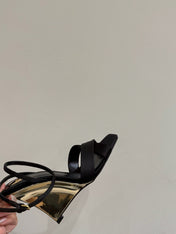 YSL STRAPPY WEDGE SANDALS 25S IN BLACK SATIN