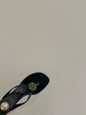 YSL HEELED THONG SANDALS 25S IN DARK ARMY GREEN SATIN WITH CRYSTAL