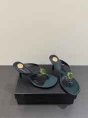 YSL HEELED THONG SANDALS 25S IN DARK ARMY GREEN SATIN WITH CRYSTAL