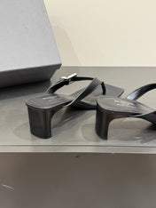 BALENCIAGA 25S HIGH-HEELED FLIP-FLOPS IN BLACK CALFSKIN WITH SILVER HARDWARE