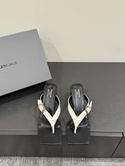 BALENCIAGA 25S HIGH-HEELED FLIP-FLOPS IN WHITE MIX BLACK CALFSKIN WITH SILVER HARDWARE