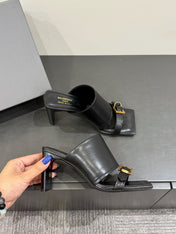 BALENCIAGA 25S HIGH-HEELED SANDALS IN BLACK CALFSKIN WITH GOLD HARDWARE