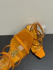 YSL SINGLE-STRAP HEELED SANDALS 25S IN DARK ORANGE LAMBSKIN