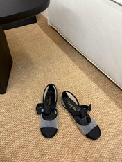 CHANEL 26S MARY JANE FLATS IN BLACK AND GREY MESH RIBBON STRAP CAP TOE