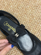 CHANEL 26S MARY JANE FLATS IN BLACK MESH RIBBON STRAP CAP TOE