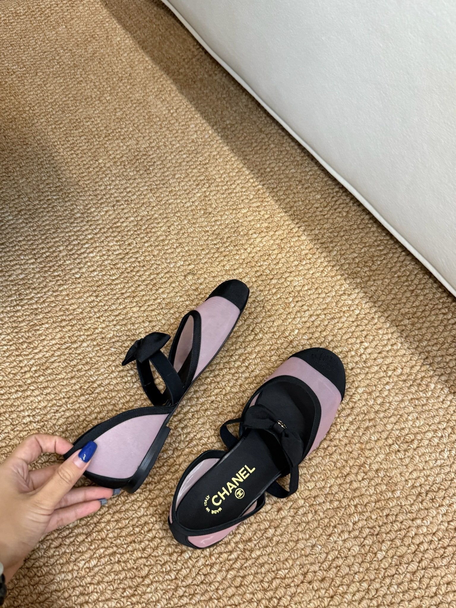 CHANEL 26S MARY JANE FLATS IN PINK AND BLACK MESH RIBBON STRAP CAP TOE