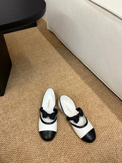 CHANEL 26S MARY JANE SLINGBACK FLATS IN WHITE AND BLACK CALFSKIN CAP TOE RIBBON STRAP