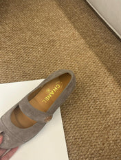 CHANEL 26S MARY JANE FLATS IN TAUPE  BROWN SUEDE CC LOGO