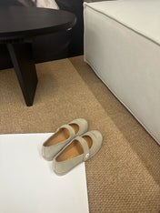 CHANEL 26S MARY JANE FLATS IN BEIGE SUEDE CC LOGO