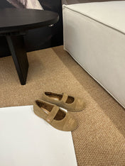 CHANEL 26S MARY JANE FLATS IN CARAMEL BROWN SUEDE SHEARLING LINING CC LOGO