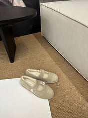 CHANEL 26S MARY JANE FLATS IN BEIGE SUEDE SHEARLING LINING CC LOGO