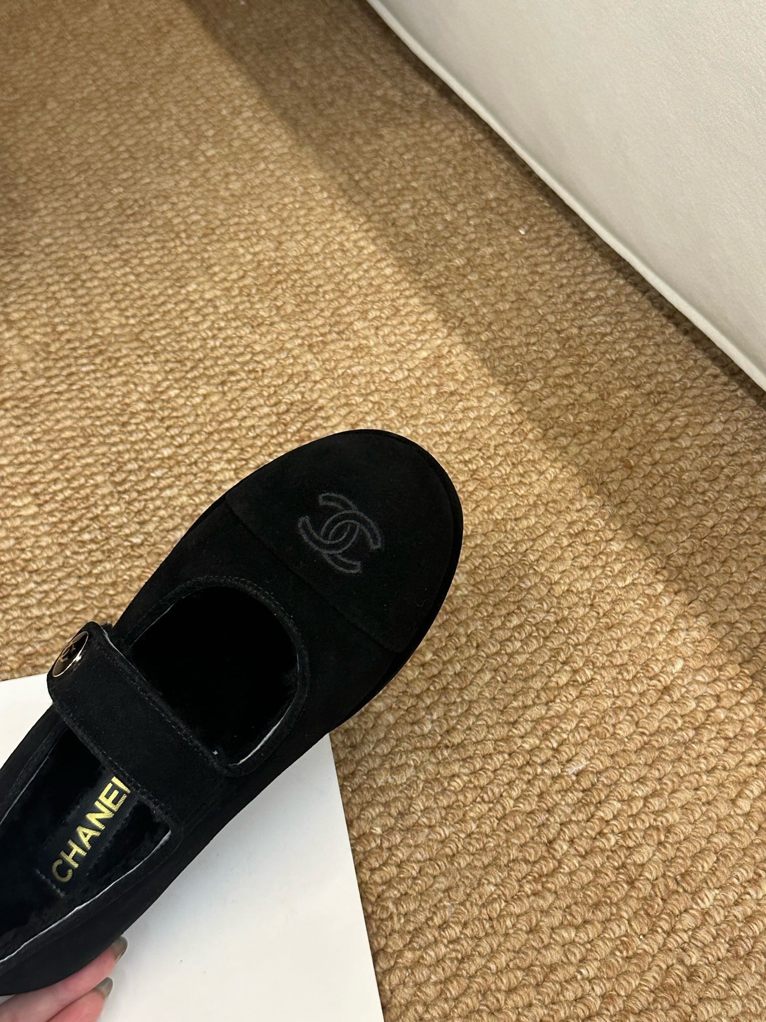 CHANEL 26S MARY JANE FLATS IN BLACK SUEDE WITH CC LOGO