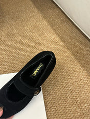 CHANEL 26S MARY JANE FLATS IN BLACK SUEDE WITH CC LOGO