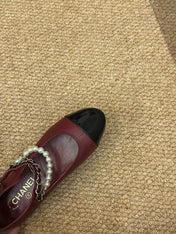 CHANEL 26S MARY JANE PEARL STRAP FLATS IN BURGUNDY RED CALFSKIN