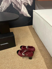 CHANEL 26S MARY JANE PEARL STRAP HIGH HEELS IN BURGUNDY RED CALFSKIN