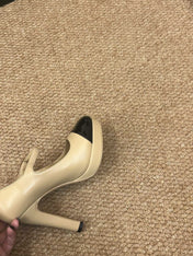 CHANEL 26S MARY JANE HEELS IN BEIGE CALFSKIN WITH BLACK CAP TOE