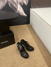 CHANEL 26S MARY JANE HEELS IN BLACK CALFSKIN CAP TOE