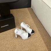 CHANEL 26S MARY JANE HEELS IN WHITE CALFSKIN WITH BLACK CAP TOE