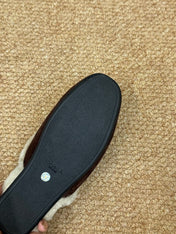 PRADA 26S SHEARLING MULE SLIPPERS IN CHOCOLATE BROWN SUEDE