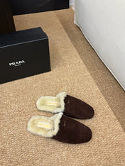 PRADA 26S SHEARLING MULE SLIPPERS IN CHOCOLATE BROWN SUEDE