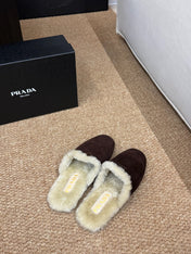 PRADA 26S SHEARLING MULE SLIPPERS IN CHOCOLATE BROWN SUEDE