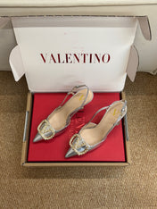 VALENTINO 26S HIGH HEEL SLINGBACKS IN METALLIC SILVER CALFSKIN WITH CRYSTAL