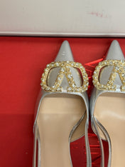 VALENTINO 26S HIGH HEEL SLINGBACKS IN METALLIC SILVER CALFSKIN WITH CRYSTAL