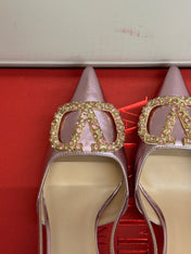 VALENTINO 26S HIGH HEEL SLINGBACKS IN METALLIC PINK CALFSKIN WITH CRYSTAL