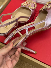 VALENTINO 26S HIGH HEEL SLINGBACKS IN METALLIC PINK CALFSKIN WITH CRYSTAL