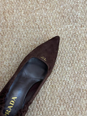 PRADA 26S POINTED TOE PUMPS 50MM IN DARK BROWN SUEDE