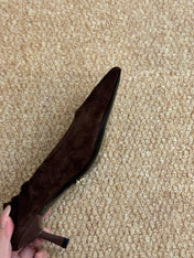 PRADA 26S POINTED TOE PUMPS 50MM IN DARK BROWN SUEDE