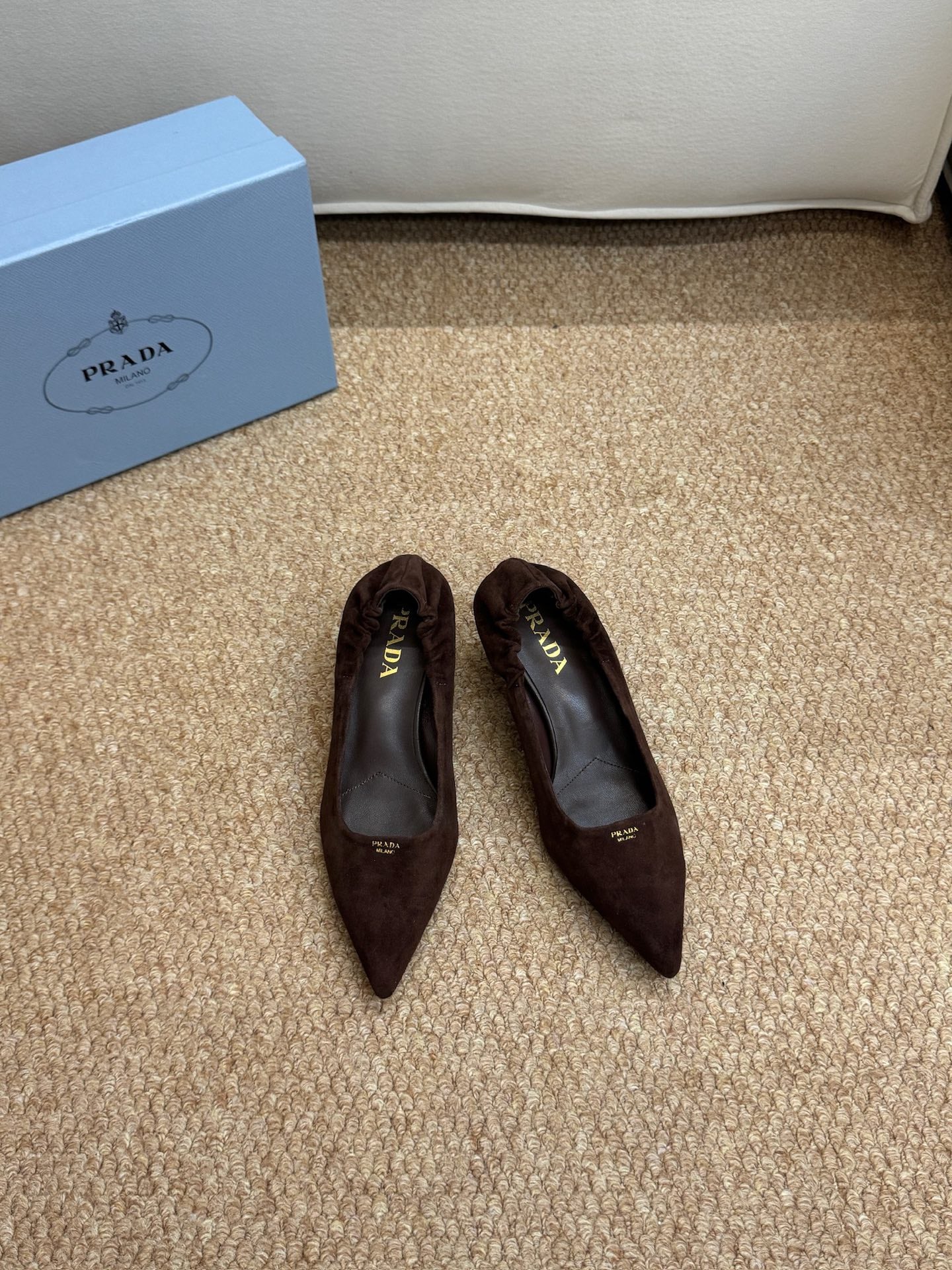 PRADA 26S POINTED TOE PUMPS 50MM IN DARK BROWN SUEDE