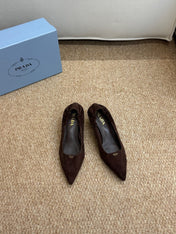 PRADA 26S POINTED TOE PUMPS 50MM IN DARK BROWN SUEDE