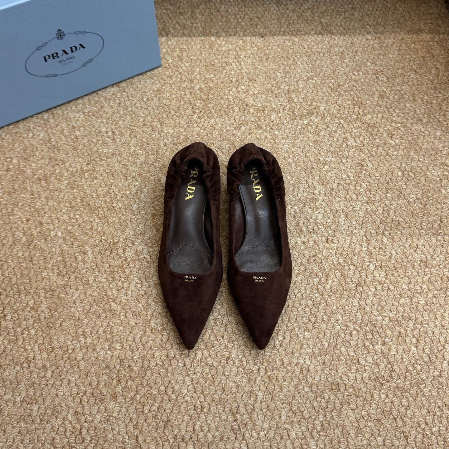 PRADA 26S POINTED TOE PUMPS 50MM IN DARK BROWN SUEDE