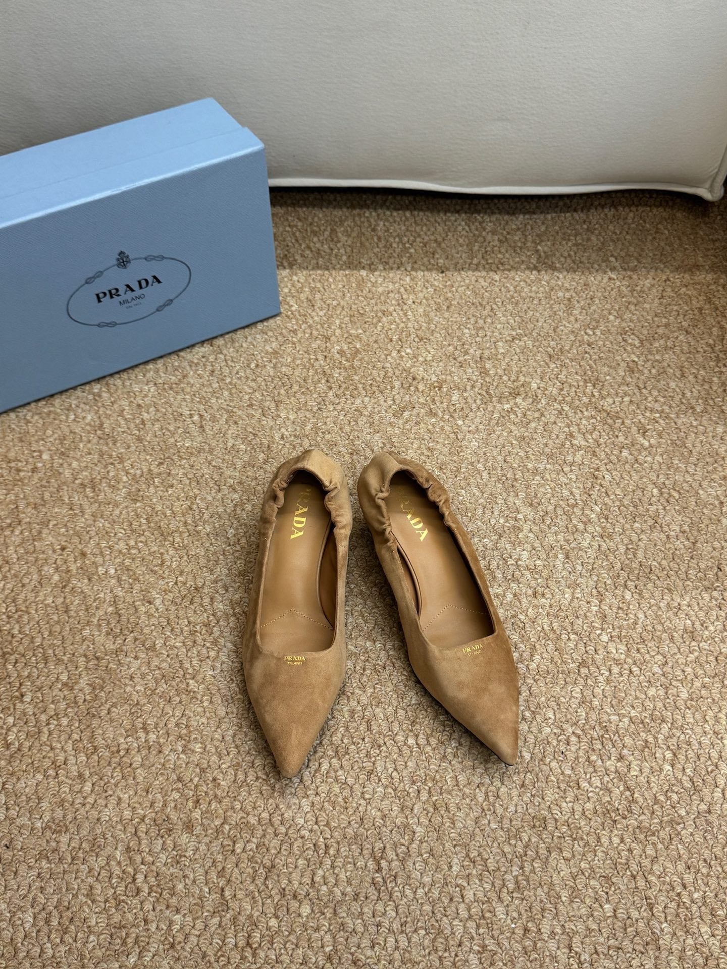 PRADA 26S POINTED TOE PUMPS 50MM IN BROWN SUEDE