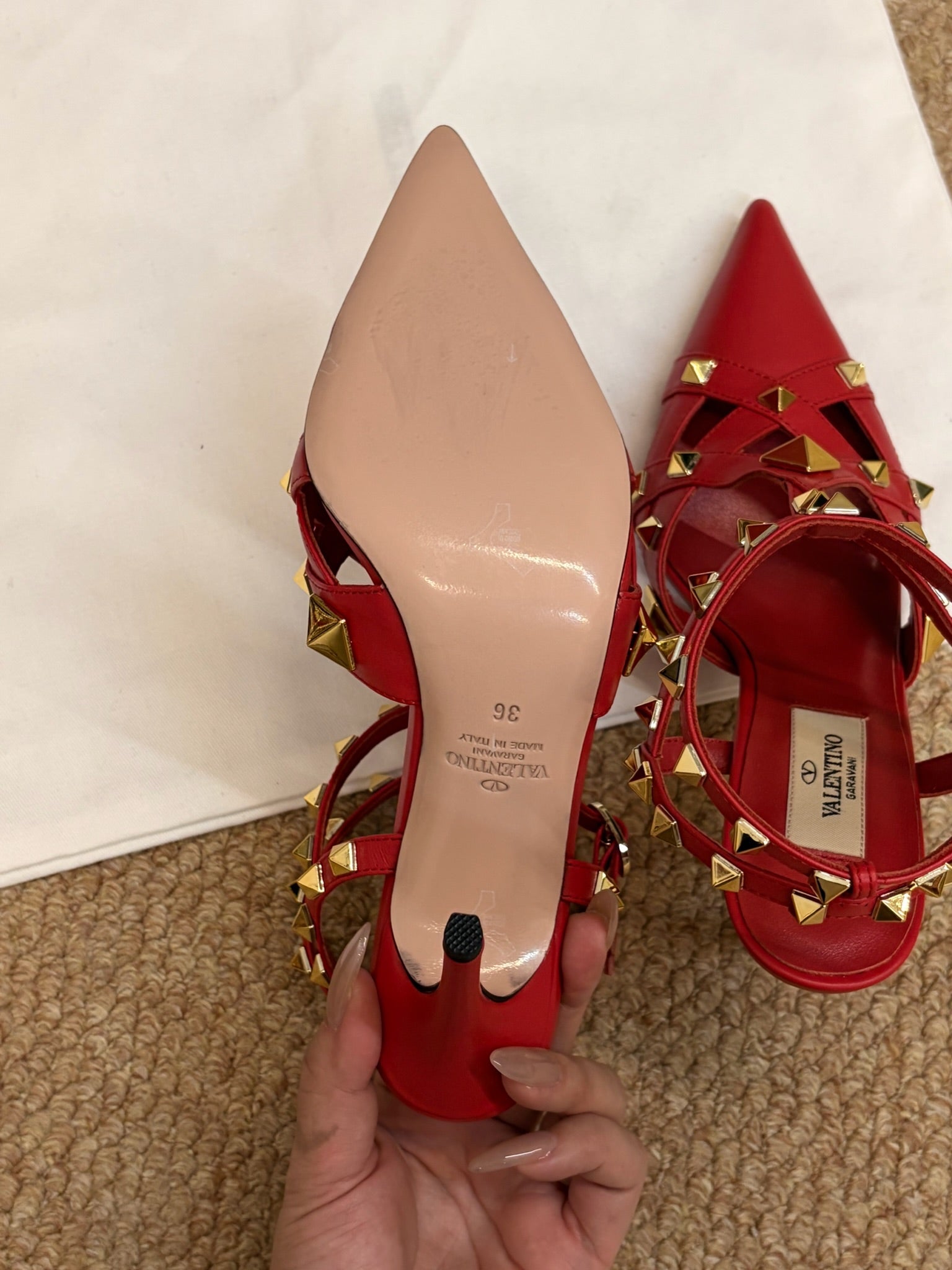 VALENTINO 26S OCKSTUD HEELS IN RED CALFSKIN